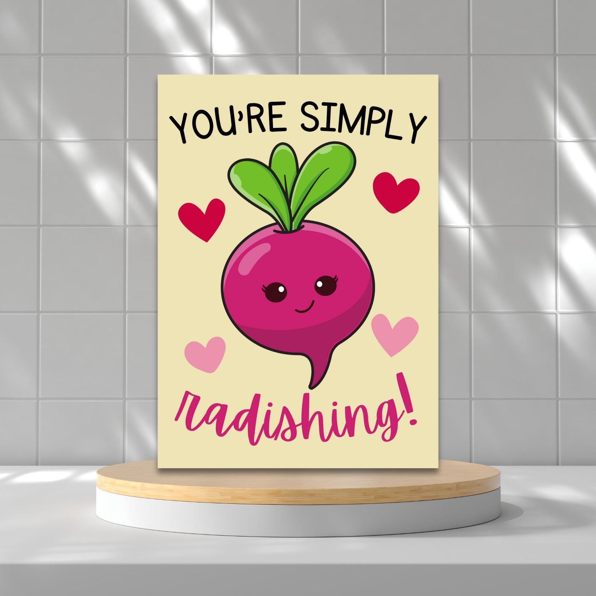 Printable Valentine’s Day Greeting Card featuring the phrase “You’re Simply Radishing” with a cute radish design. Designed as a 5x7 PDF on an 8.5 x 11 sheet with two cards per page. A fun and punny Valentine’s card for loved ones.