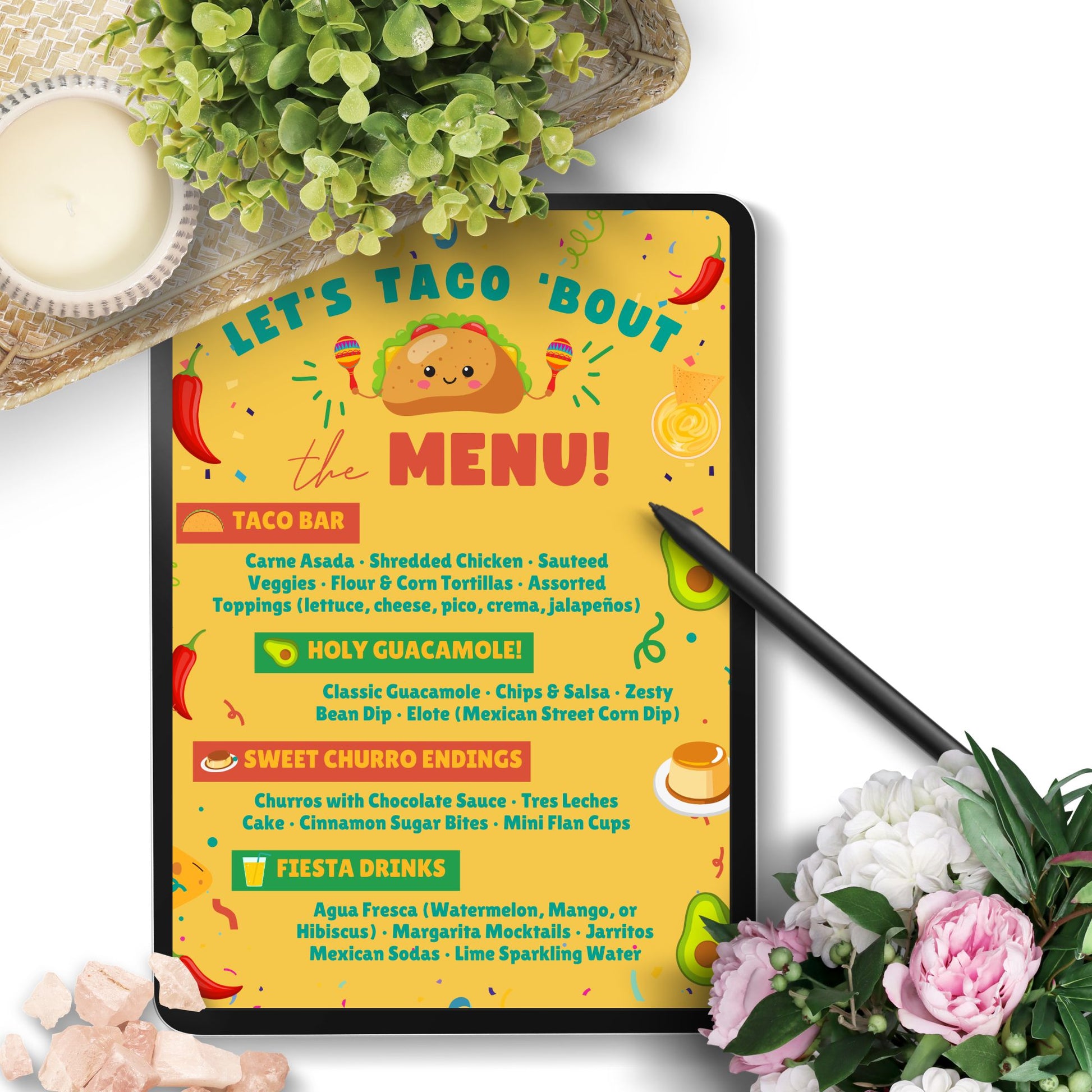 Editable taco-themed party menu with headings like “Taco Bar,” “Holy Guacamole,” and “Sweet Churro Endings.” Bright, colorful Canva template for graduation or fiesta-themed celebrations. Size: 8.5 x 11 inches.