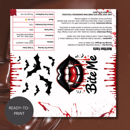 Halloween-themed design with vampire mouth graphic and text on a white background