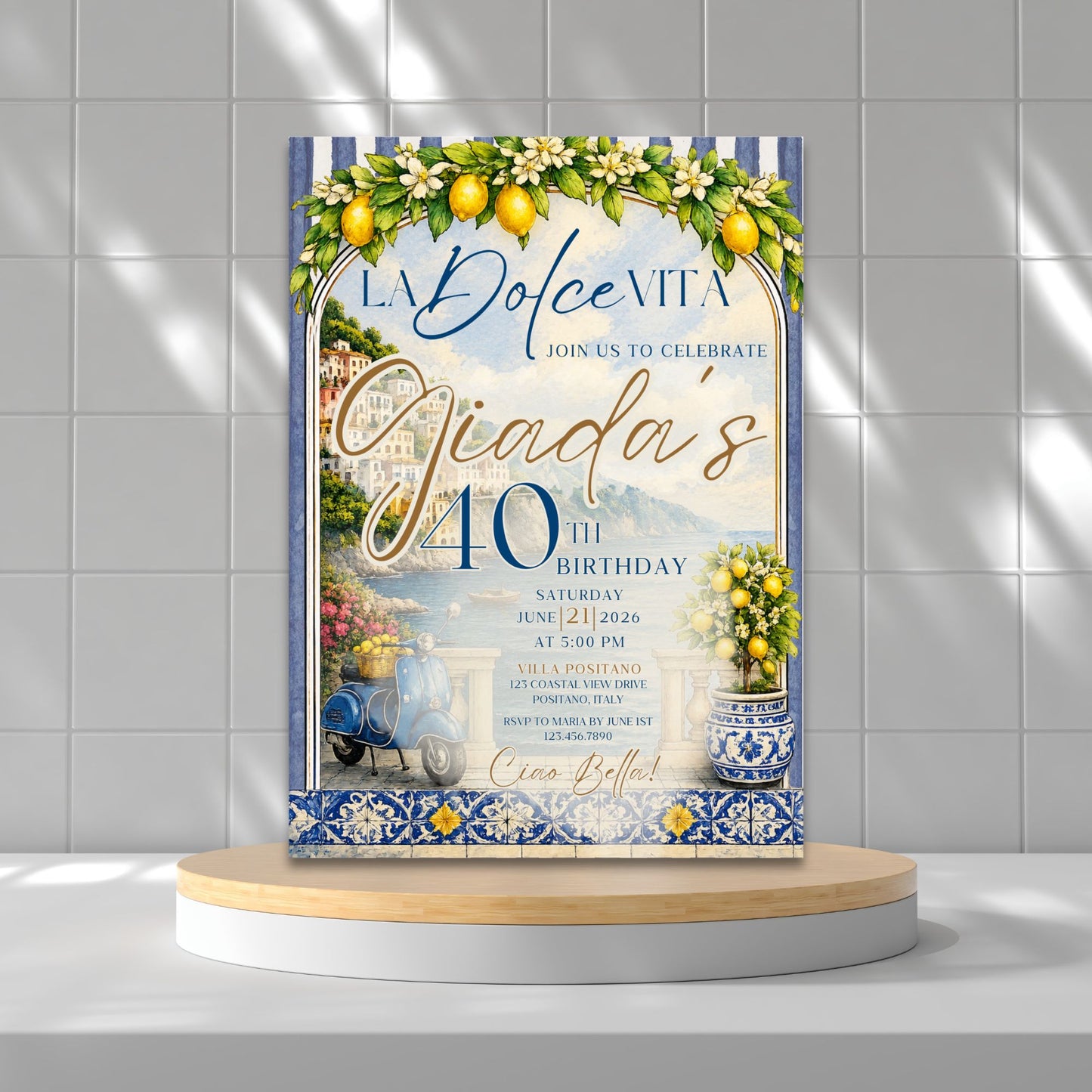 Editable La Dolce Vita party invitation template featuring Amalfi Coast scenery, lemons, blue Italian tiles, Positano coastal artwork, vintage scooter, and elegant Mediterranean typography in blue and gold.