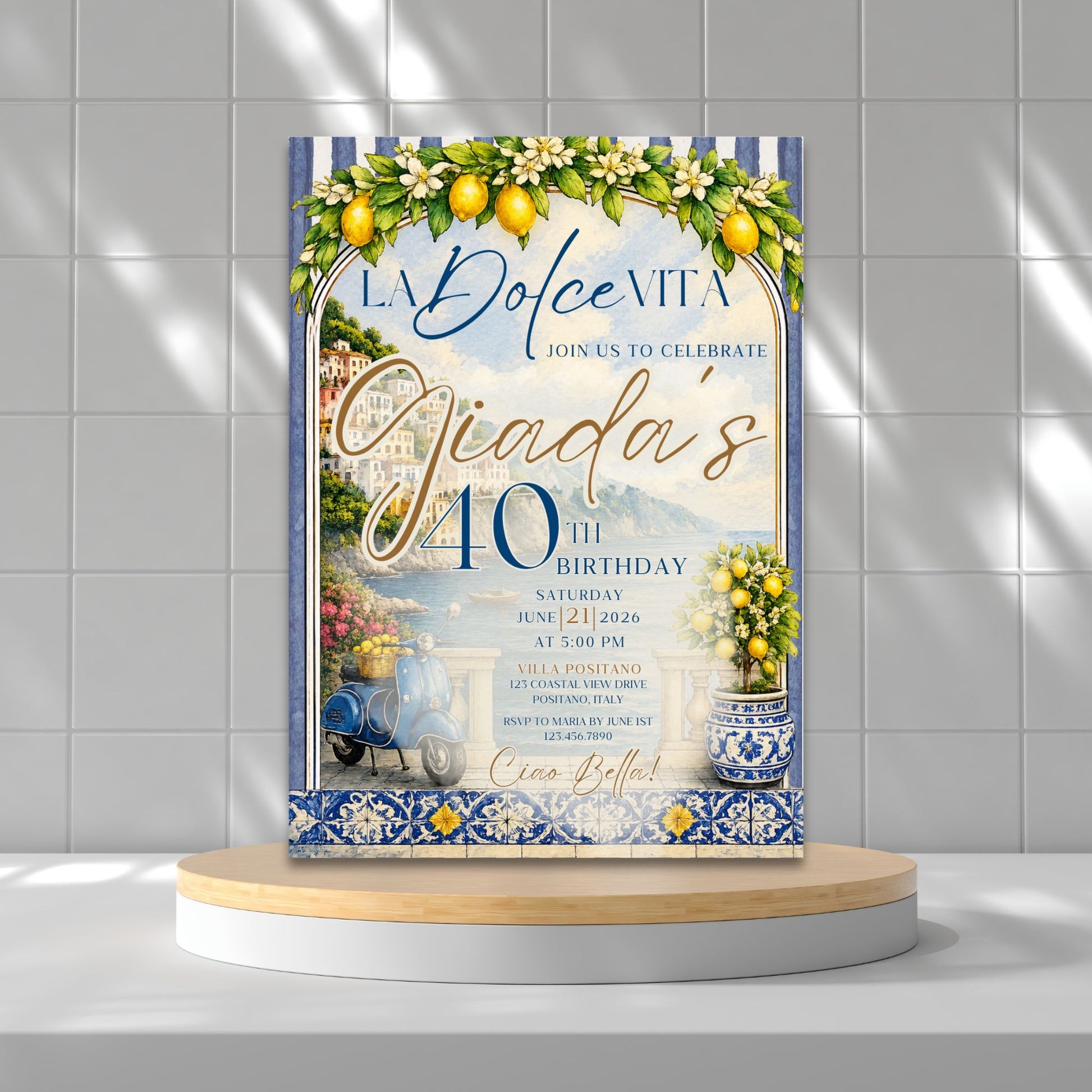 Editable La Dolce Vita party invitation template featuring Amalfi Coast scenery, lemons, blue Italian tiles, Positano coastal artwork, vintage scooter, and elegant Mediterranean typography in blue and gold.