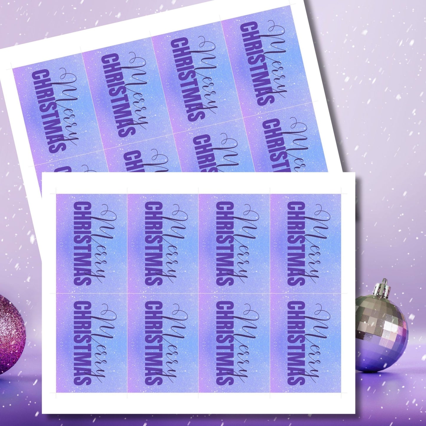 Printable Christmas gift tags featuring a lavender and sky blue gradient background with purple "Merry Christmas" text, sized 2.5 x 3.5 inches, 8 tags per sheet.