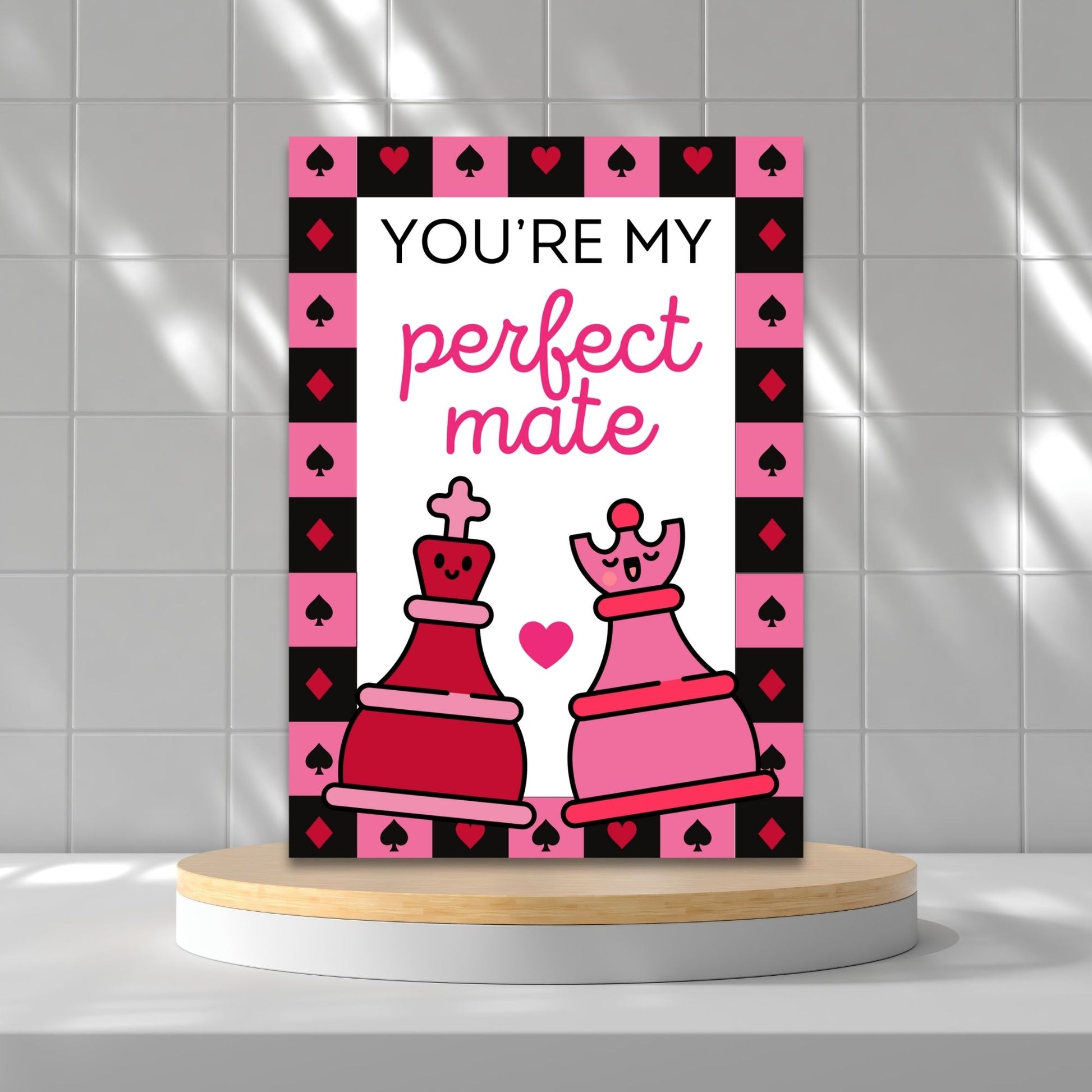 Printable Valentine’s Day Greeting Card featuring the chess-inspired pun “You're My Perfect Mate.” Designed as a 5x7 PDF on an 8.5 x 11 sheet with two cards per page. A witty and romantic Valentine’s card for chess lovers.