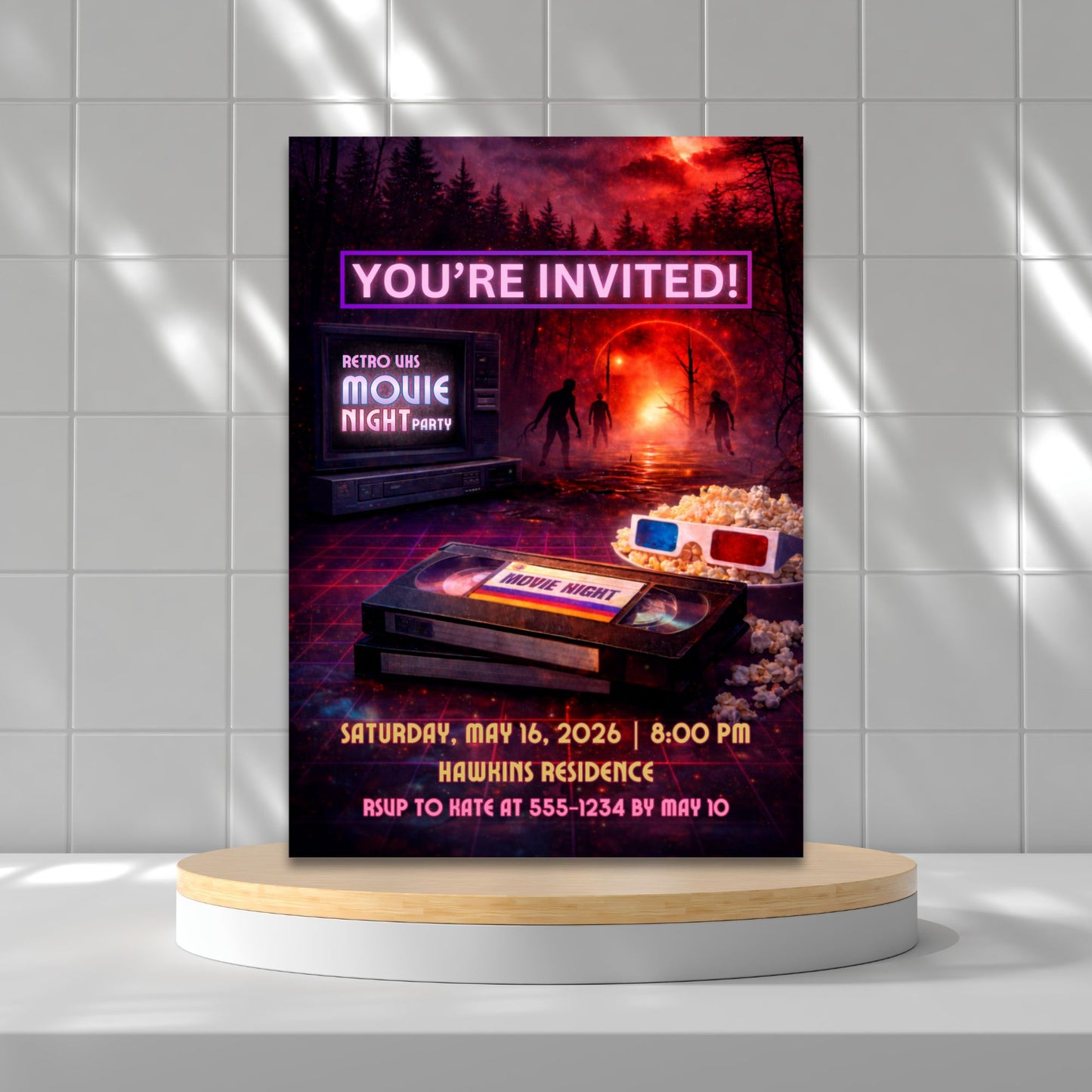 Editable retro sci-fi movie night invitation featuring neon glow, VHS-style elements, and cinematic 1980s nostalgia, designed as a 5x7 Canva-editable digital party invite for birthdays and movie nights.