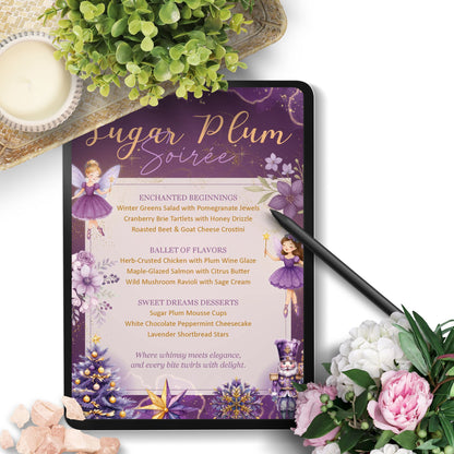 Menu with fairy design on a white surface with flowers and a candle