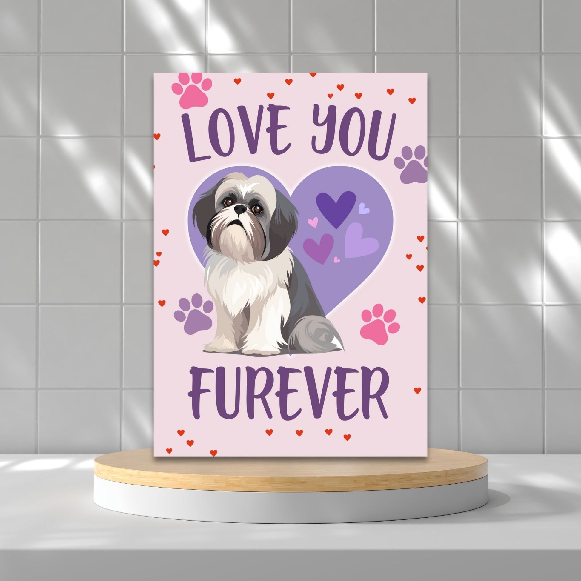 Printable Valentine’s Day Greeting Card featuring the pun “Love You Furever.” Designed as a 5x7 PDF on an 8.5 x 11 sheet with two cards per page. A cute and heartfelt Valentine’s card for pet lovers.