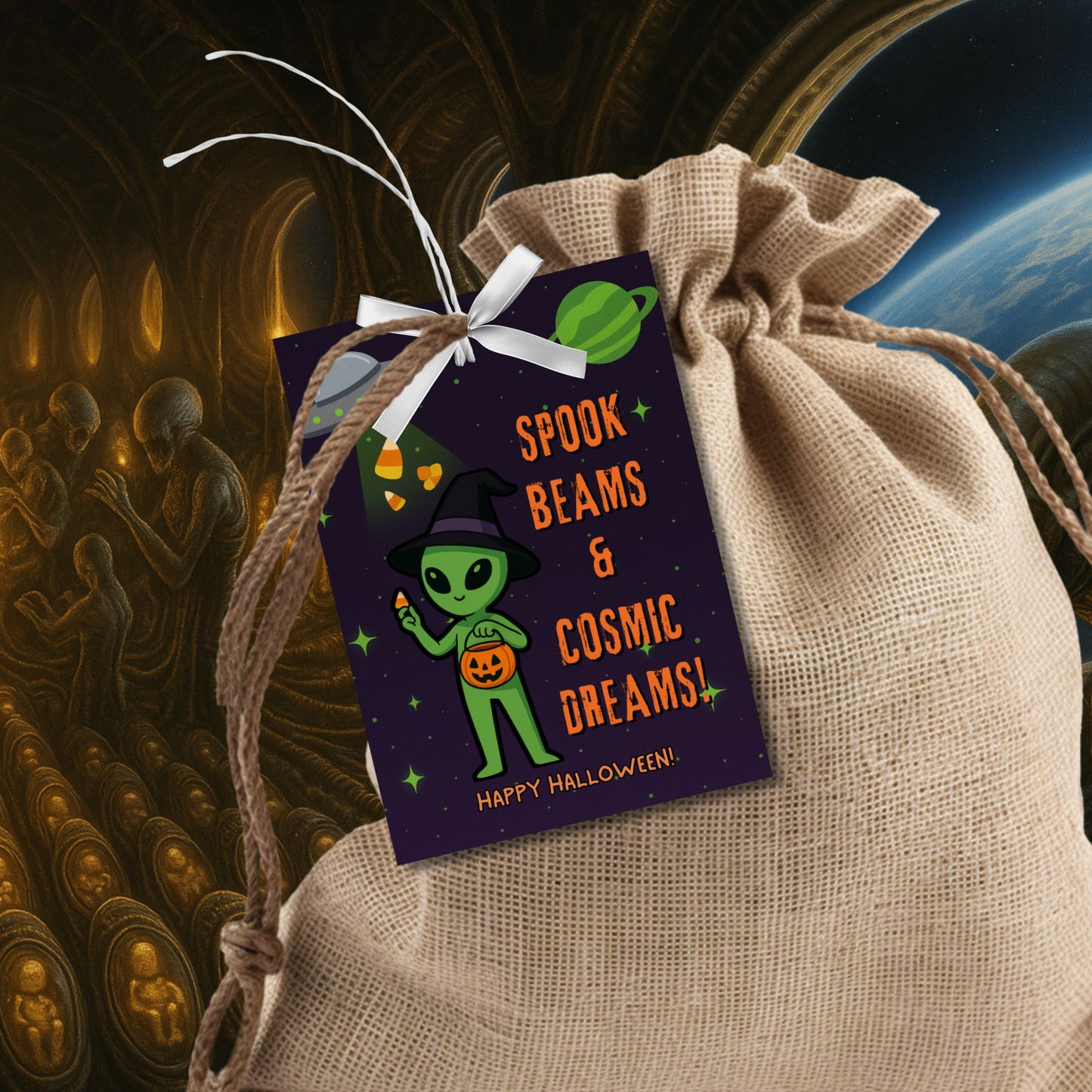 Halloween-themed gift tag with an alien design on a beige drawstring bag against a mystical background.