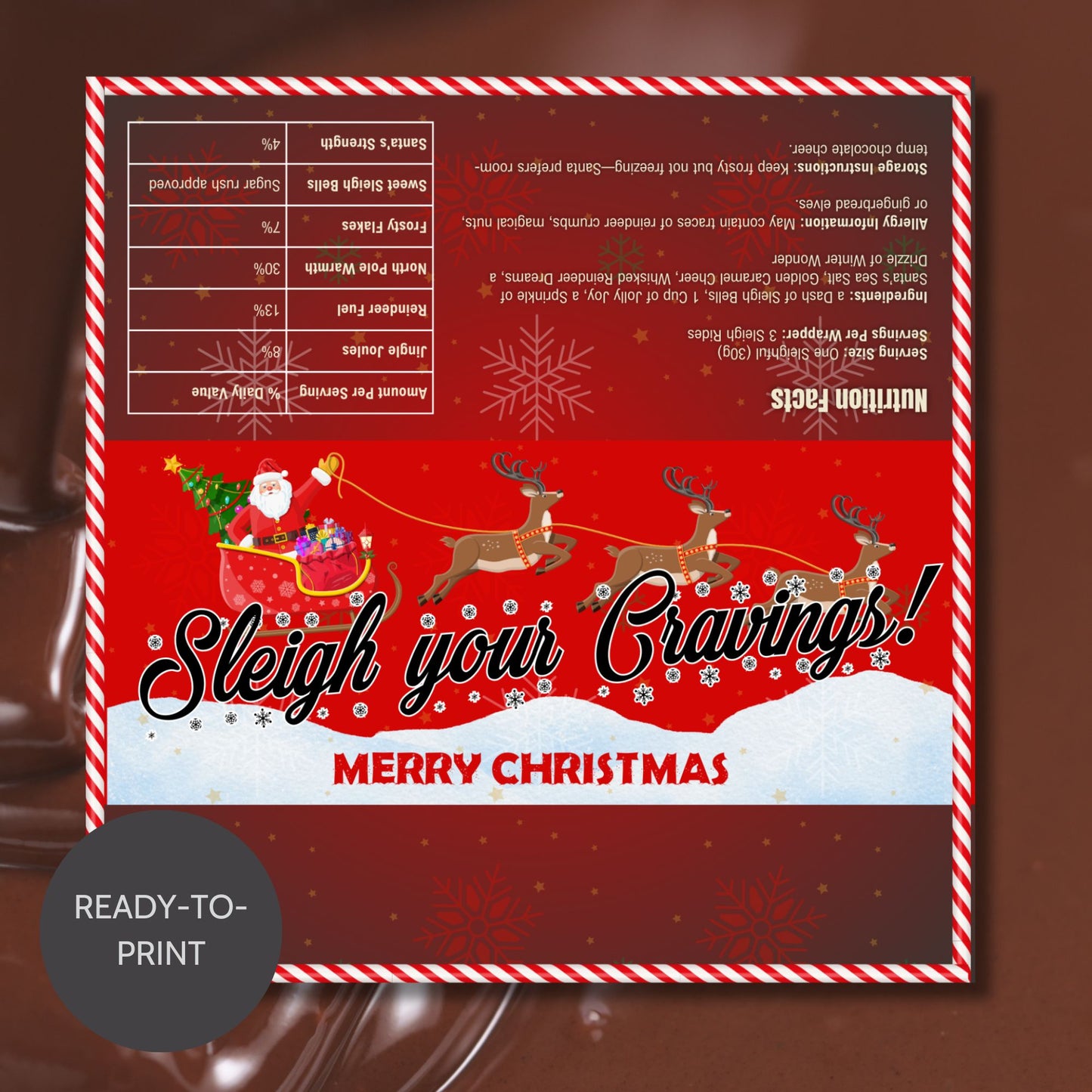 Christmas chocolate bar wrapper featuring Santa's sleigh, reindeer, festive text "Sleigh Your Cravings," with a customizable Merry Christmas message and snowy red backdrop.