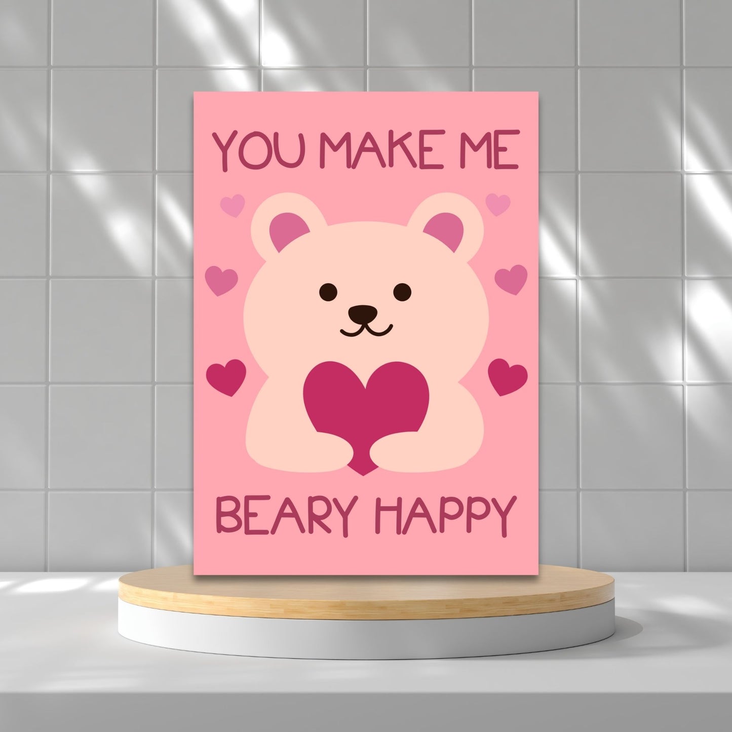 Printable Valentine’s Day Greeting Card featuring the pun “You Make Me Beary Happy.” Designed as a 5x7 PDF on an 8.5 x 11 sheet with two cards per page. A cute and heartfelt Valentine’s card for loved ones.