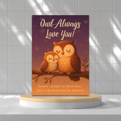 Printable 5x7 Mother's Day card with a cute owl and the pun "Owl Always Love You," featuring a soft, whimsical design, available as an instant download PDF.