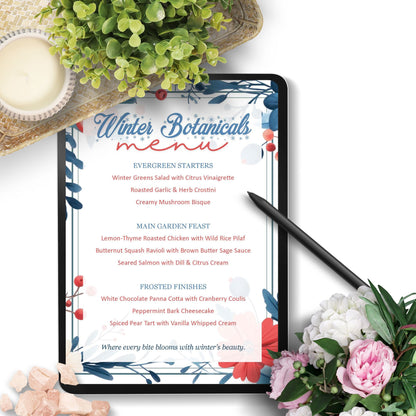 Tablet displaying a 'Winter Botanicals' menu with floral decorations on a white surface.