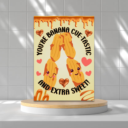 Printable Valentine’s Day card featuring the phrase “You're Bananacuetastic” with a Filipino Banana Cue-inspired design. Designed as a 5x7 PDF on an 8.5 x 11 sheet with two cards per page. A punny and heartfelt Valentine’s card for Filipino food lovers.