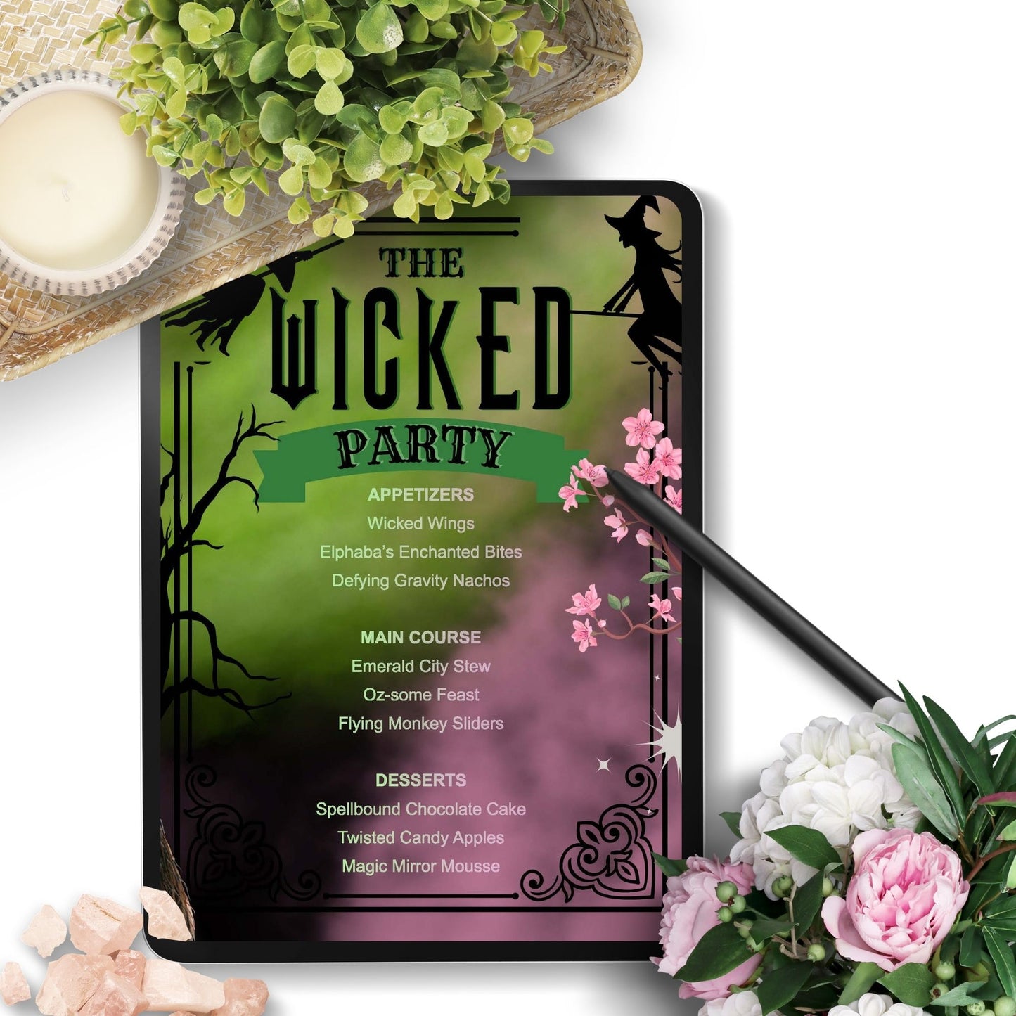 Editable Wicked-inspired menu template featuring enchanting dish names like Wicked Wings, Emerald City Stew, and Magic Mirror Mousse, perfect for a themed party or Halloween event.