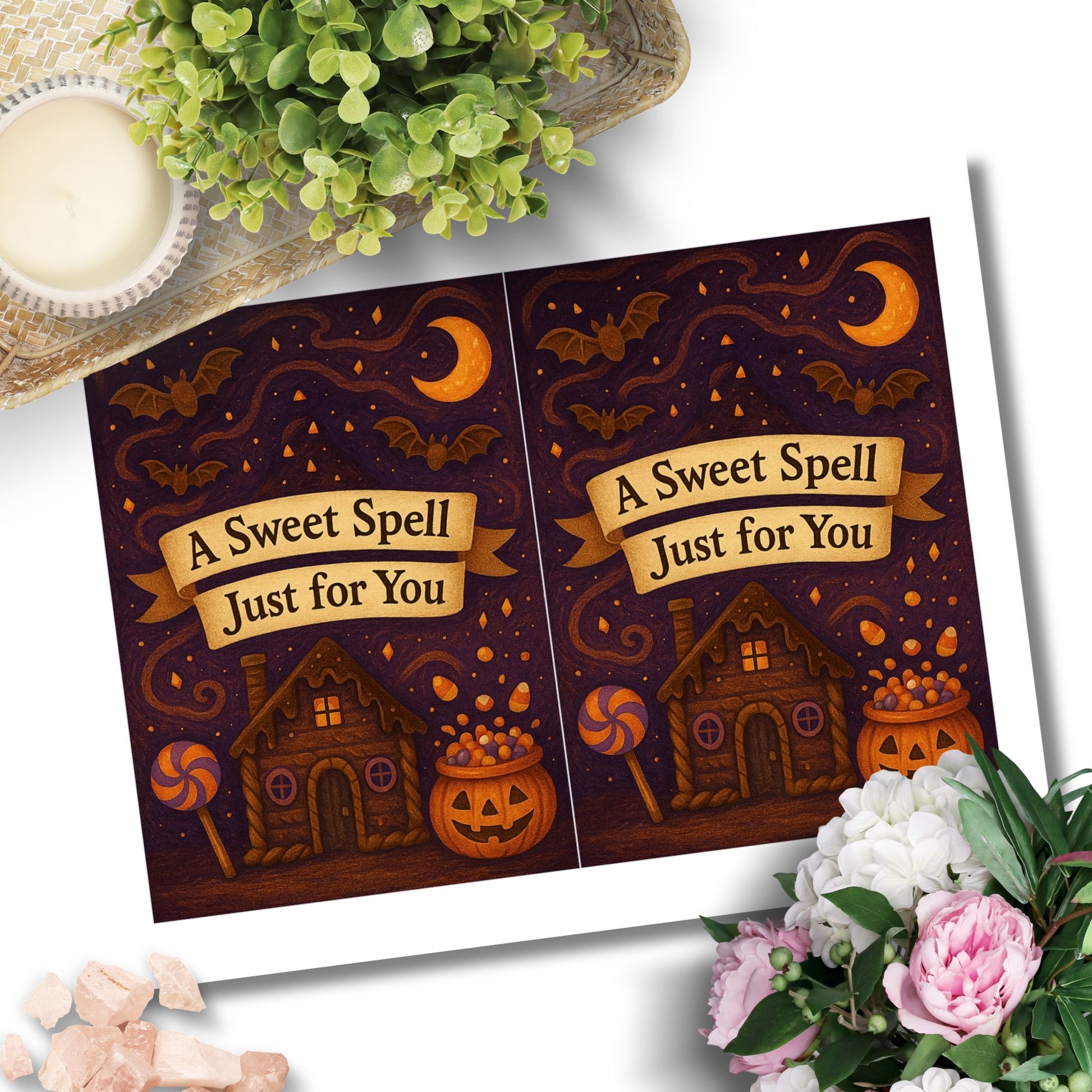 Halloween-themed card with decorative elements on a white background