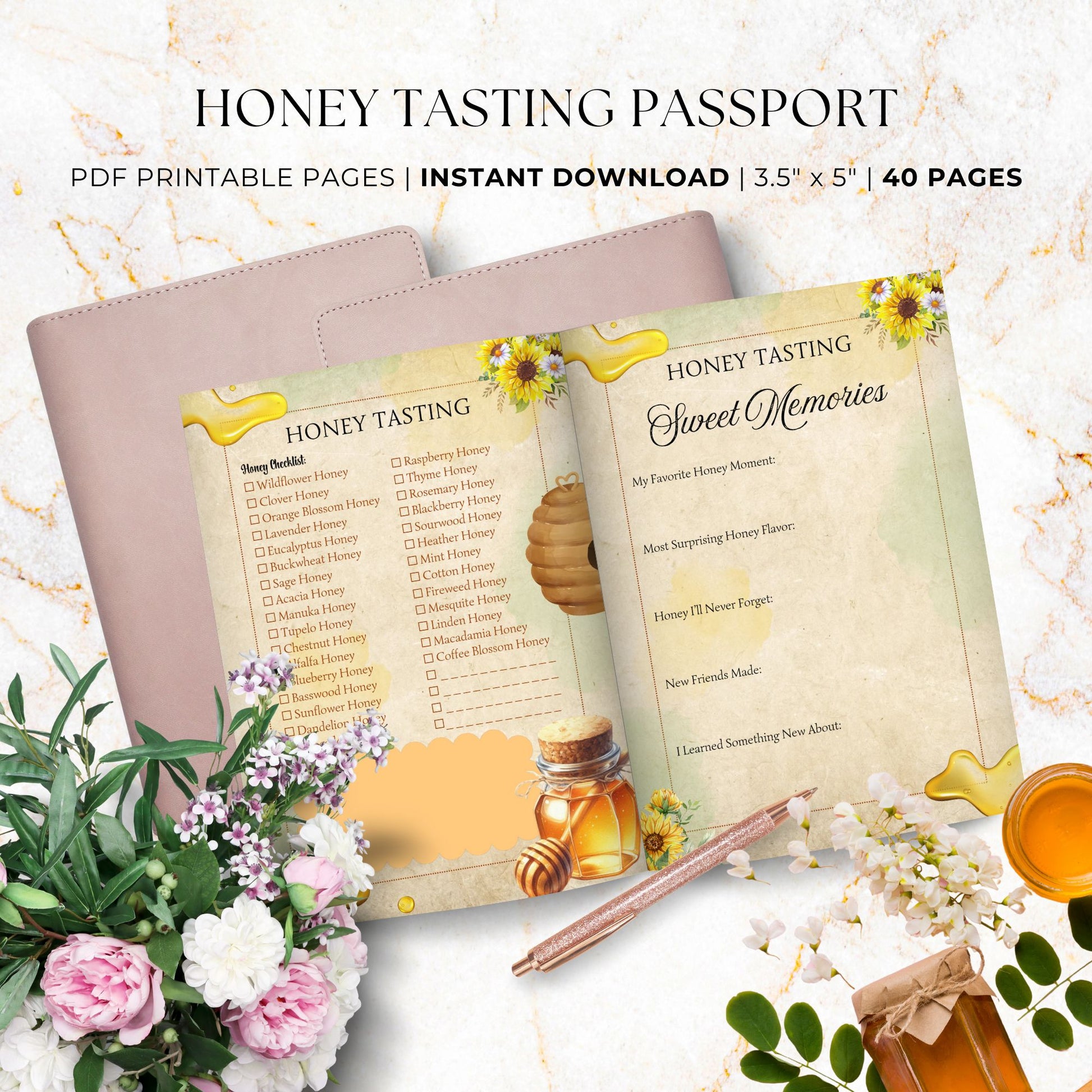 Honey tasting passport with floral decorations on a decorative background
