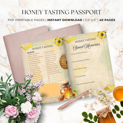 Honey tasting passport with floral decorations on a decorative background