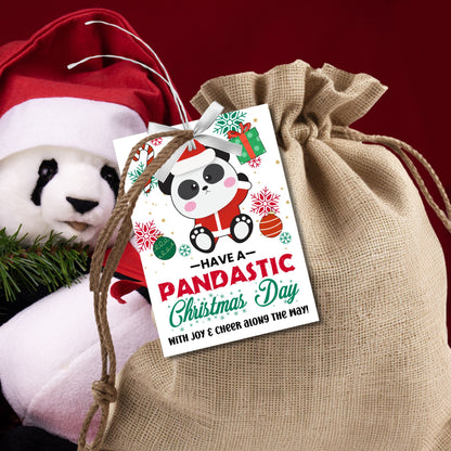 Panda-themed Christmas gift tags featuring a festive panda with holiday decorations and the message 'Have a Pandastic Christmas Day.' Perfect for adding a cute and cheerful touch to holiday presents.