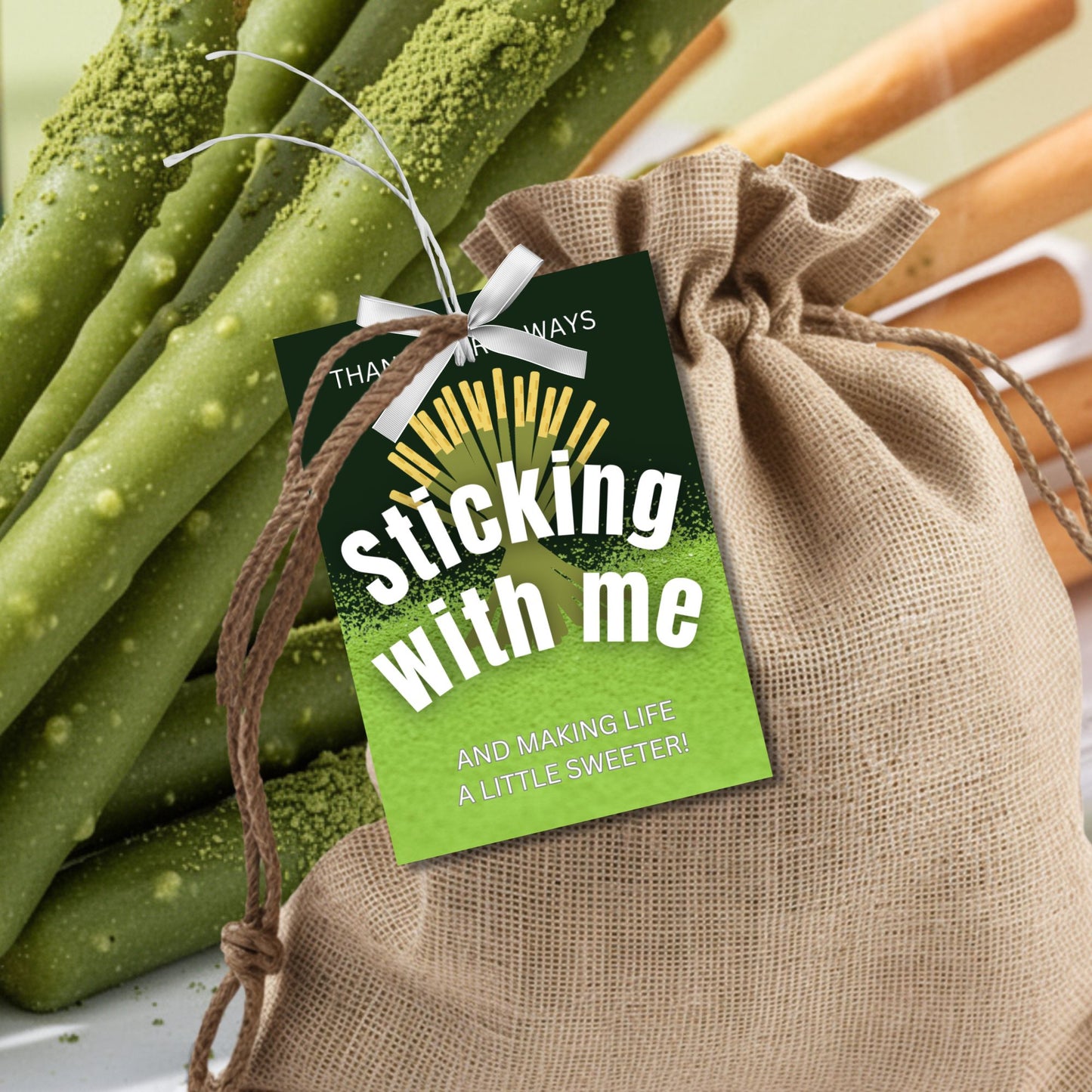 Matcha Pocky printable thank you gift tags in green reading “Thanks for Always Sticking With Me and Making Life a Little Sweeter,” 2.5x3.5 inches, 8 per 8.5x11 sheet, editable Canva template included.