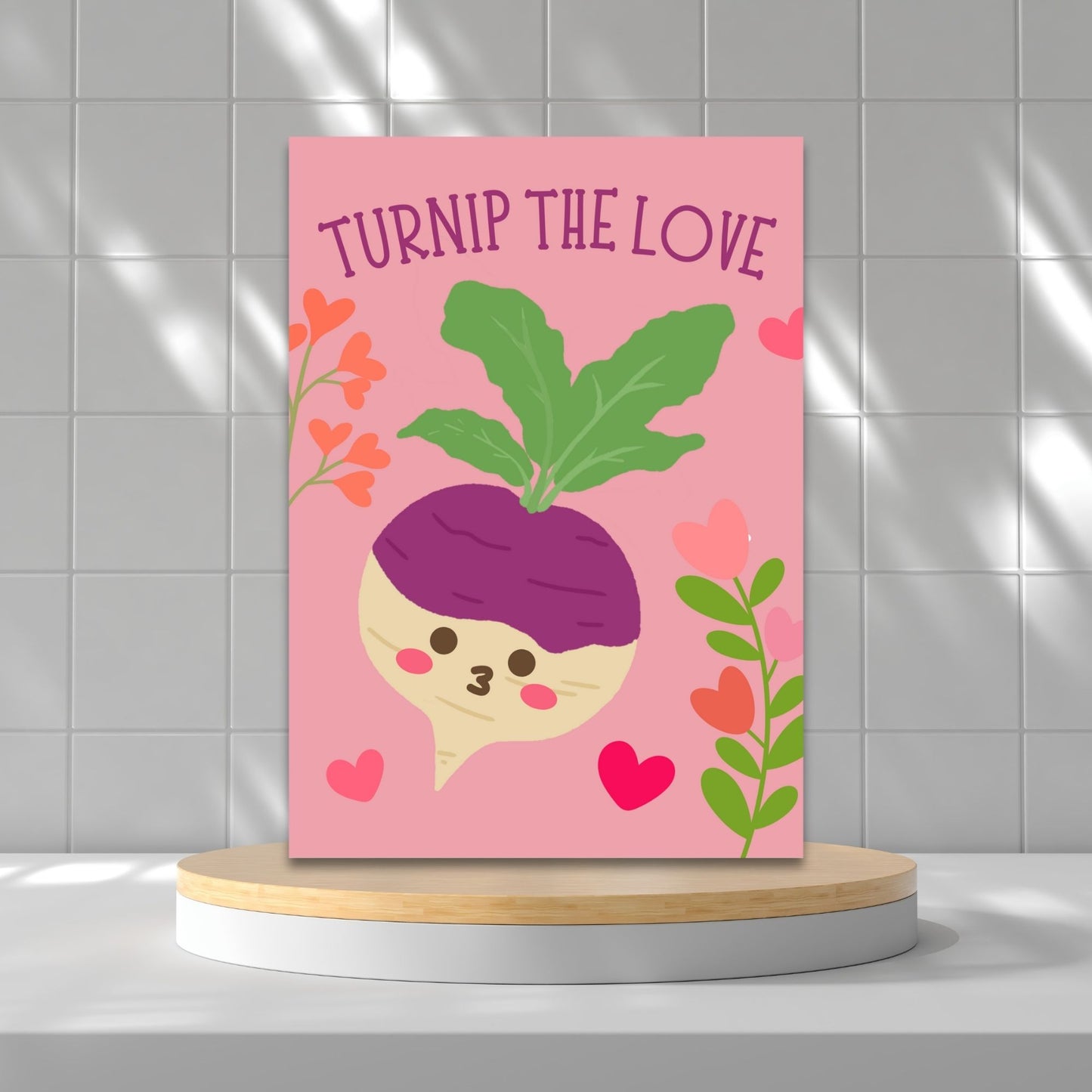 Printable Valentine’s Day Greeting Card featuring the phrase “Turnip the Love” with a cute turnip illustration. Designed as a 5x7 PDF on an 8.5 x 11 sheet with two cards per page. A punny and playful Valentine’s card for loved ones.