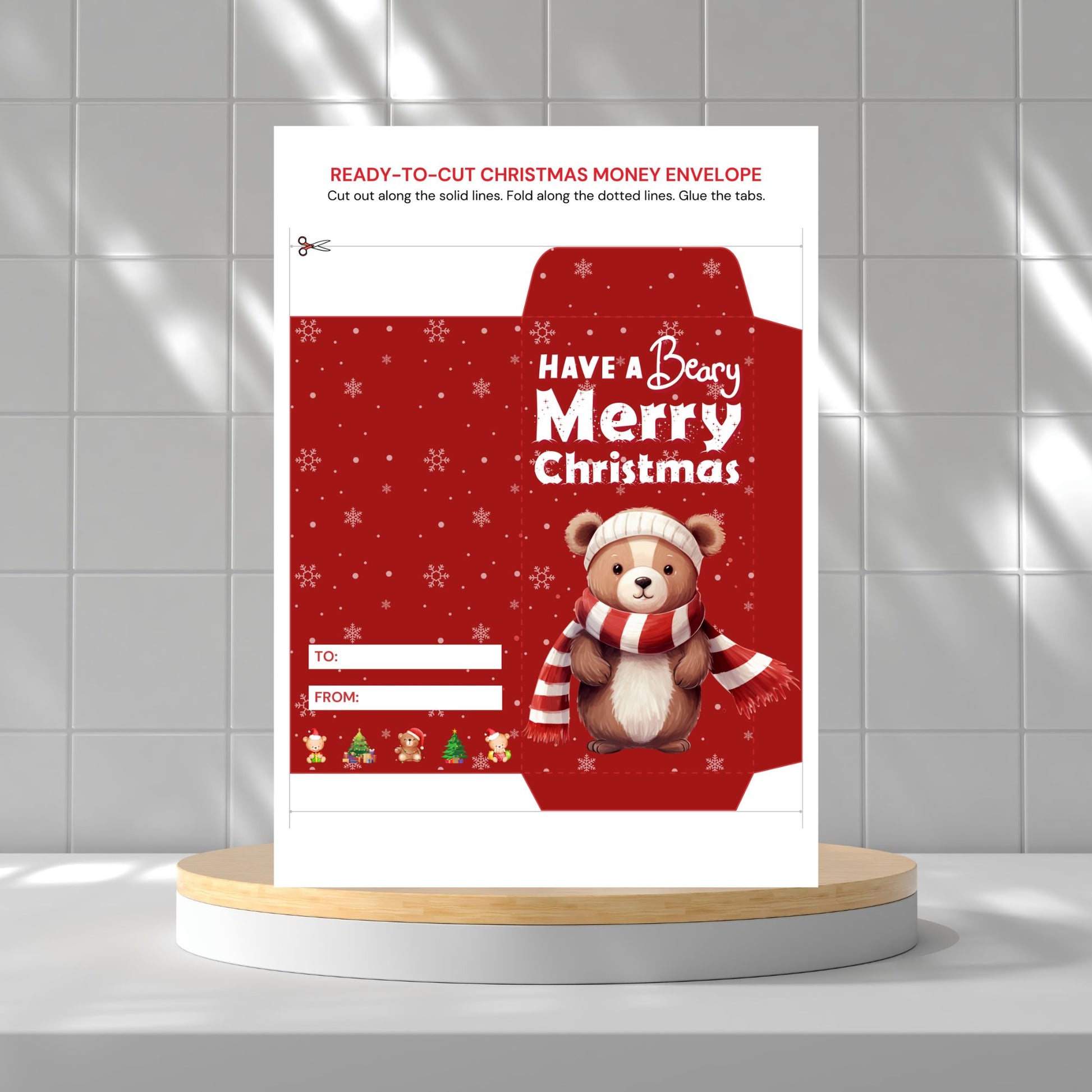 Printable Christmas money holders with cute bears – 12 festive holiday cash and gift card envelope designs.