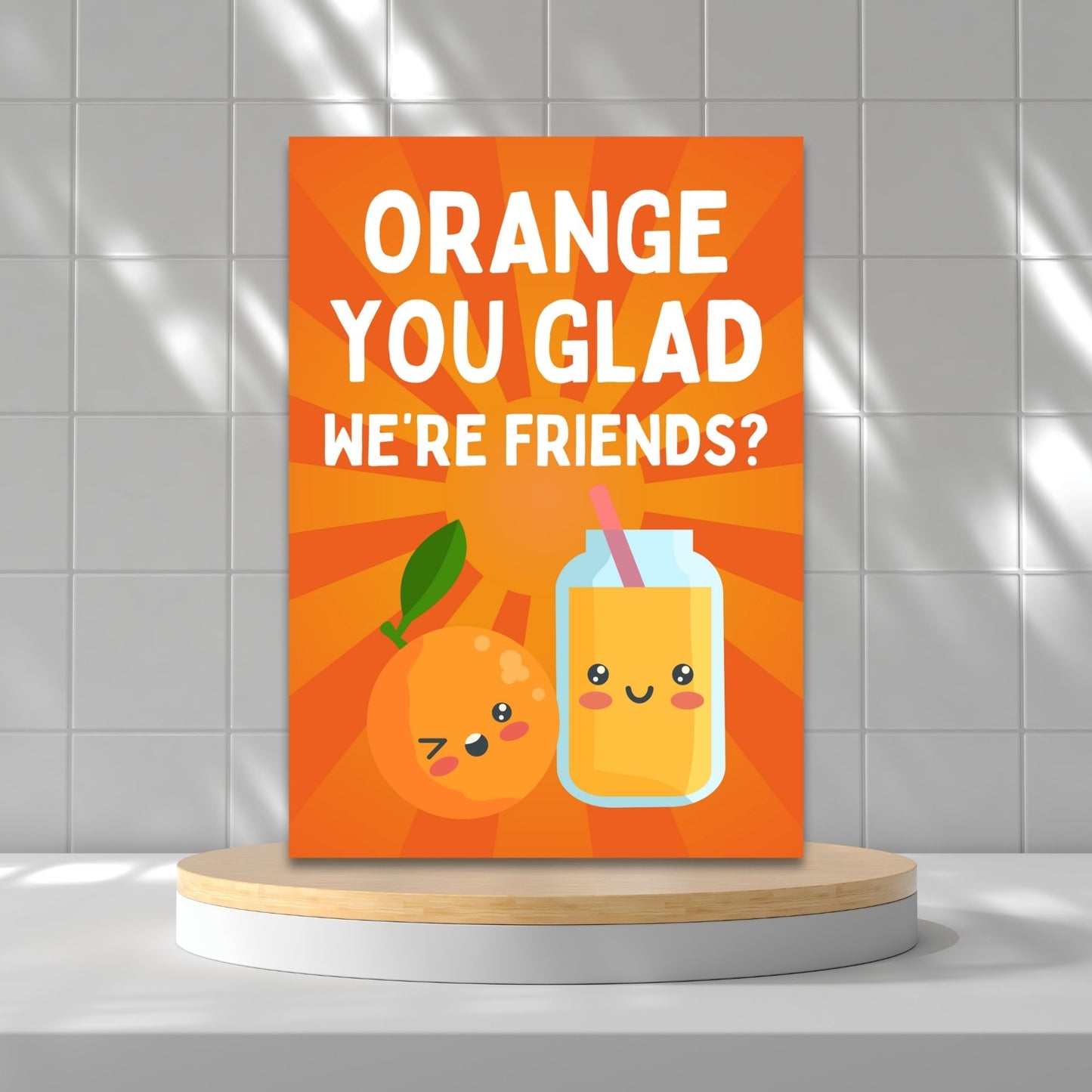 Printable Valentine’s Day Greeting Card featuring the phrase “Orange You Glad We’re Friends” with a cheerful orange theme. Designed as a 5x7 PDF on an 8.5 x 11 sheet with two cards per page. A fun and sweet Valentine’s card for friends.