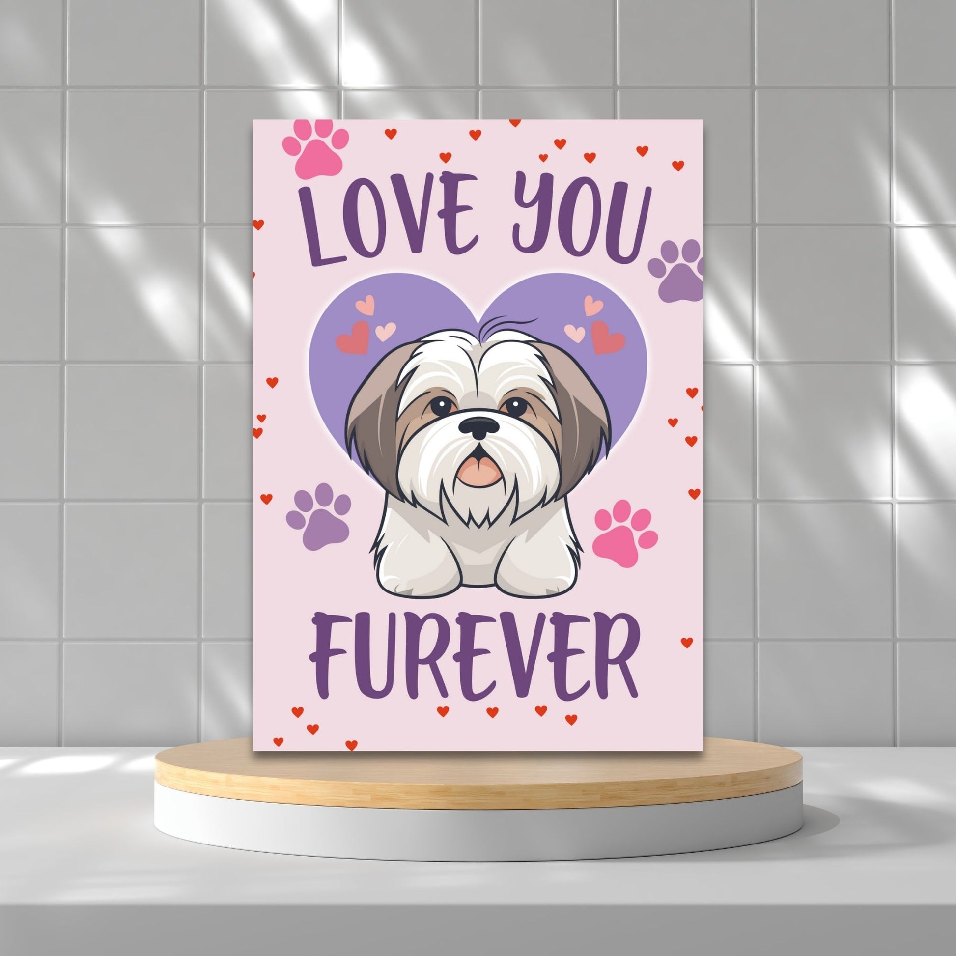 Printable Valentine’s Day Greeting Card featuring the pun “Love You Furever.” Designed as a 5x7 PDF on an 8.5 x 11 sheet with two cards per page. A cute and heartfelt Valentine’s card for pet lovers.