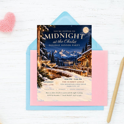 A winter-themed holiday dinner party invitation card is displayed on top of a light blue envelope and pink cardstock, styled on a white wood background with a pink heart and a gold pen.