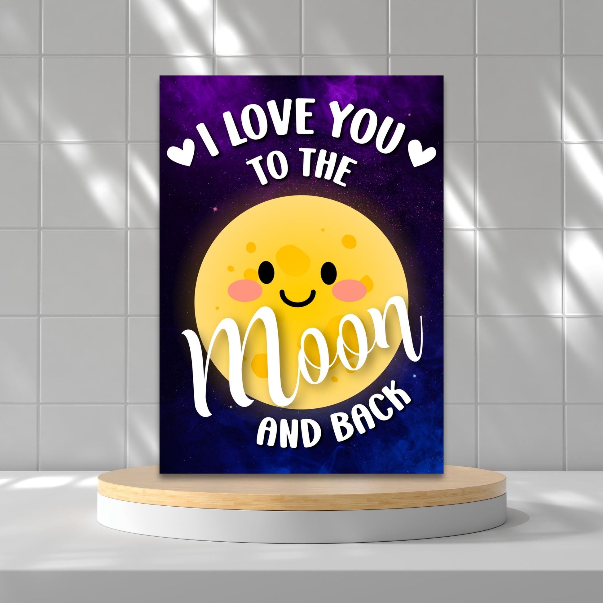 Printable Valentine’s Day Greeting Card featuring the message “I Love You to the Moon and Back.” Designed as a 5x7 PDF on an 8.5 x 11 sheet with two cards per page. A romantic and heartfelt Valentine’s card.