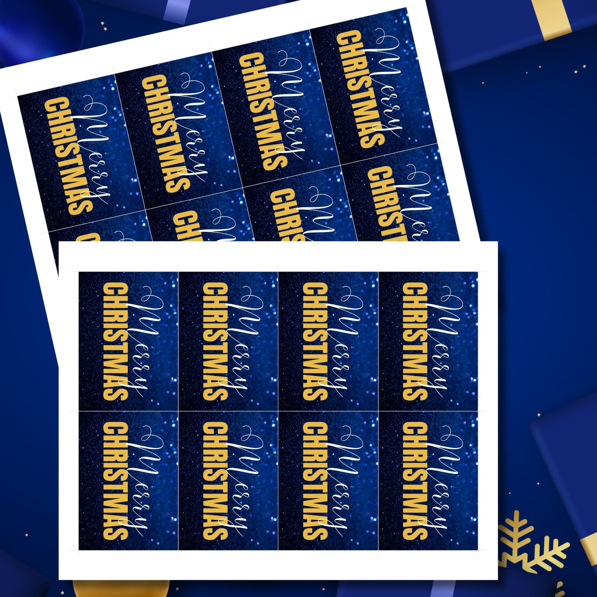 Printable blue and gold Christmas gift tags featuring a sparkling blue glitter background and bold gold "Merry Christmas" text, sized 2.5 x 3.5 inches, 8 per sheet.