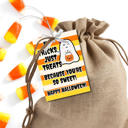 Halloween-themed printable gift tags featuring a cute ghost holding a pumpkin with the message "No Tricks, Just Treats Because You're So Sweet!" Tags are 2.5 x 3.5 inches, laid out 8 per sheet on a standard 8.5 x 11-inch page. Includes a printable PDF and a PDF with a link to an editable Canva template.