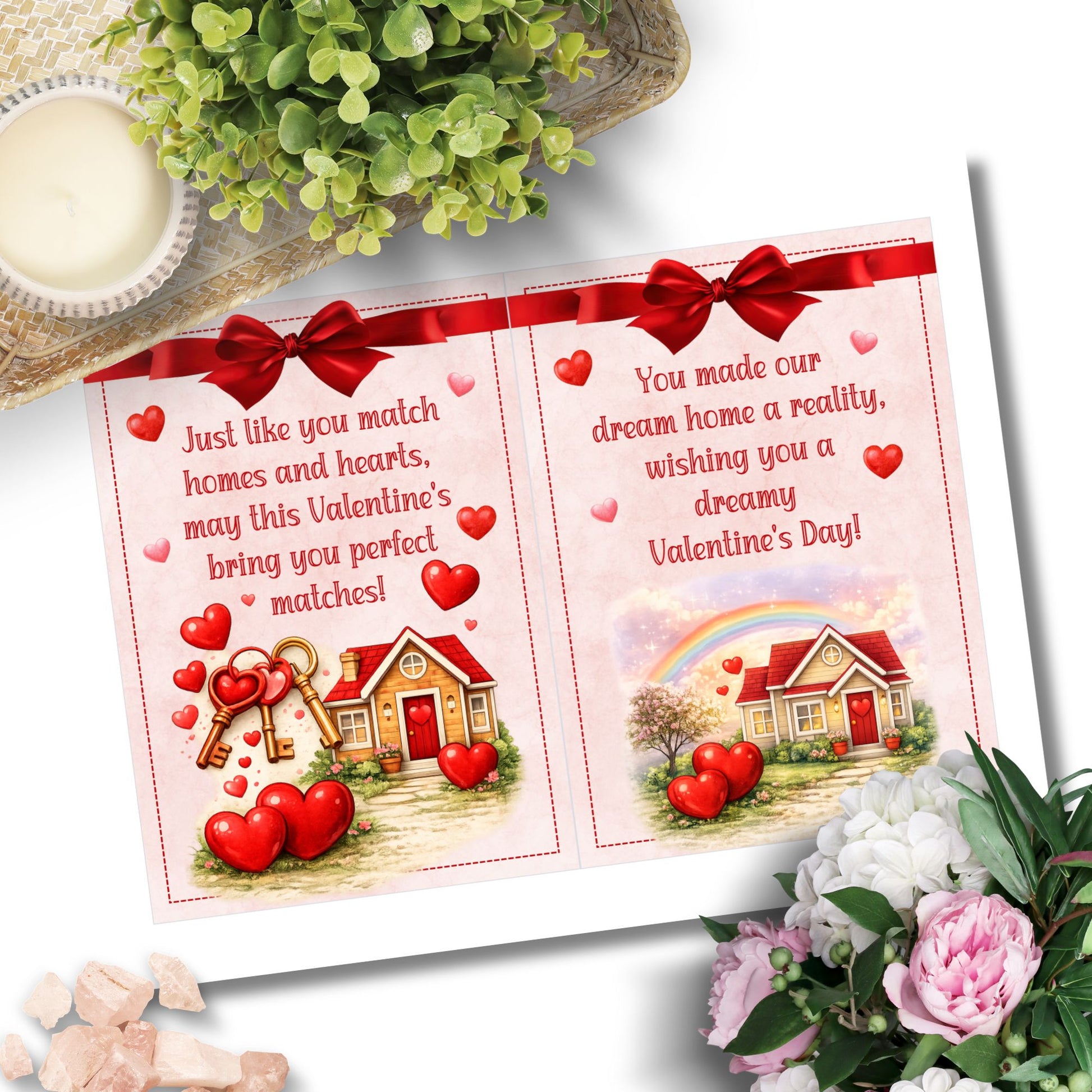 Printable Valentine’s Day cards for realtors featuring real estate themed illustrations, hearts, keys, and homes, designed as professional 5x7 thank you cards for real estate client appreciation.