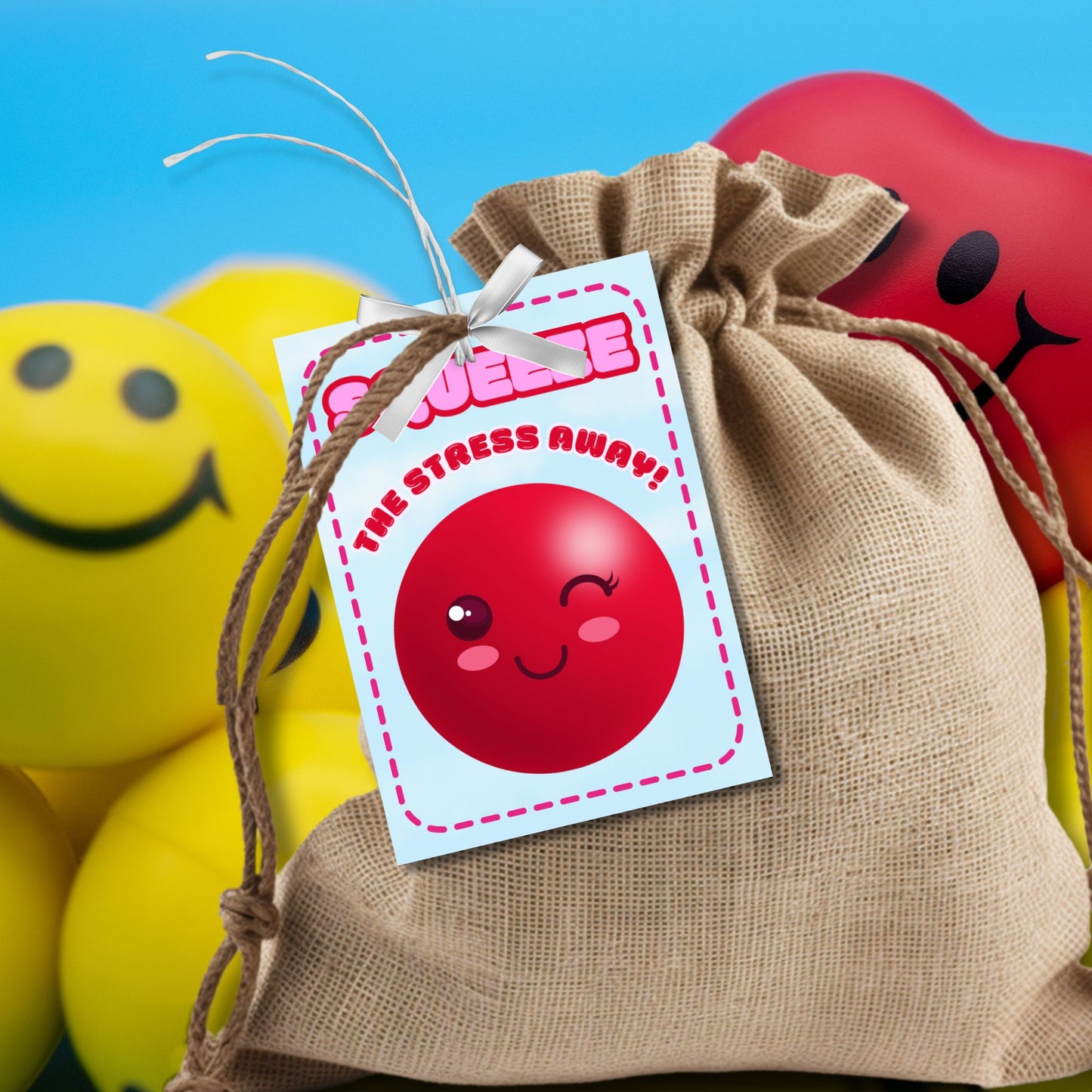 Printable and editable Valentine’s Day gift tags featuring a smiling stress ball with the message "Squeeze the Stress Away!" Perfect for pairing with a stress ball as a thoughtful and fun gift for teachers, employees, students, and coworkers.