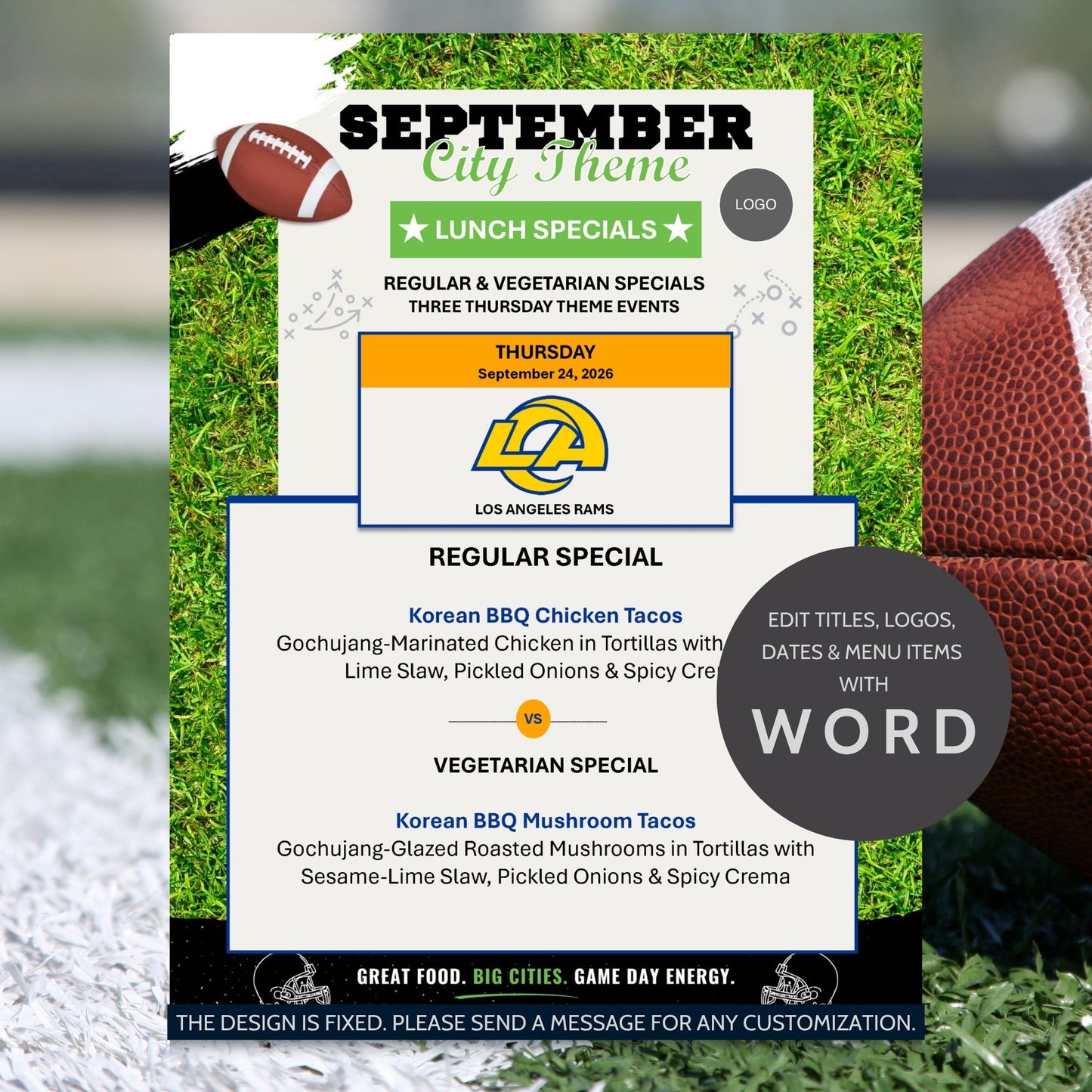 A promotional graphic for a customizable September City Theme lunch menu template, featuring football and grass imagery, event text for Los Angeles Rams, and a large circular badge stating it can be edited in Word.