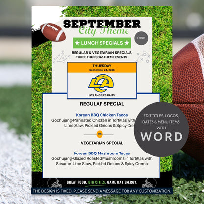A promotional graphic for a customizable September City Theme lunch menu template, featuring football and grass imagery, event text for Los Angeles Rams, and a large circular badge stating it can be edited in Word.