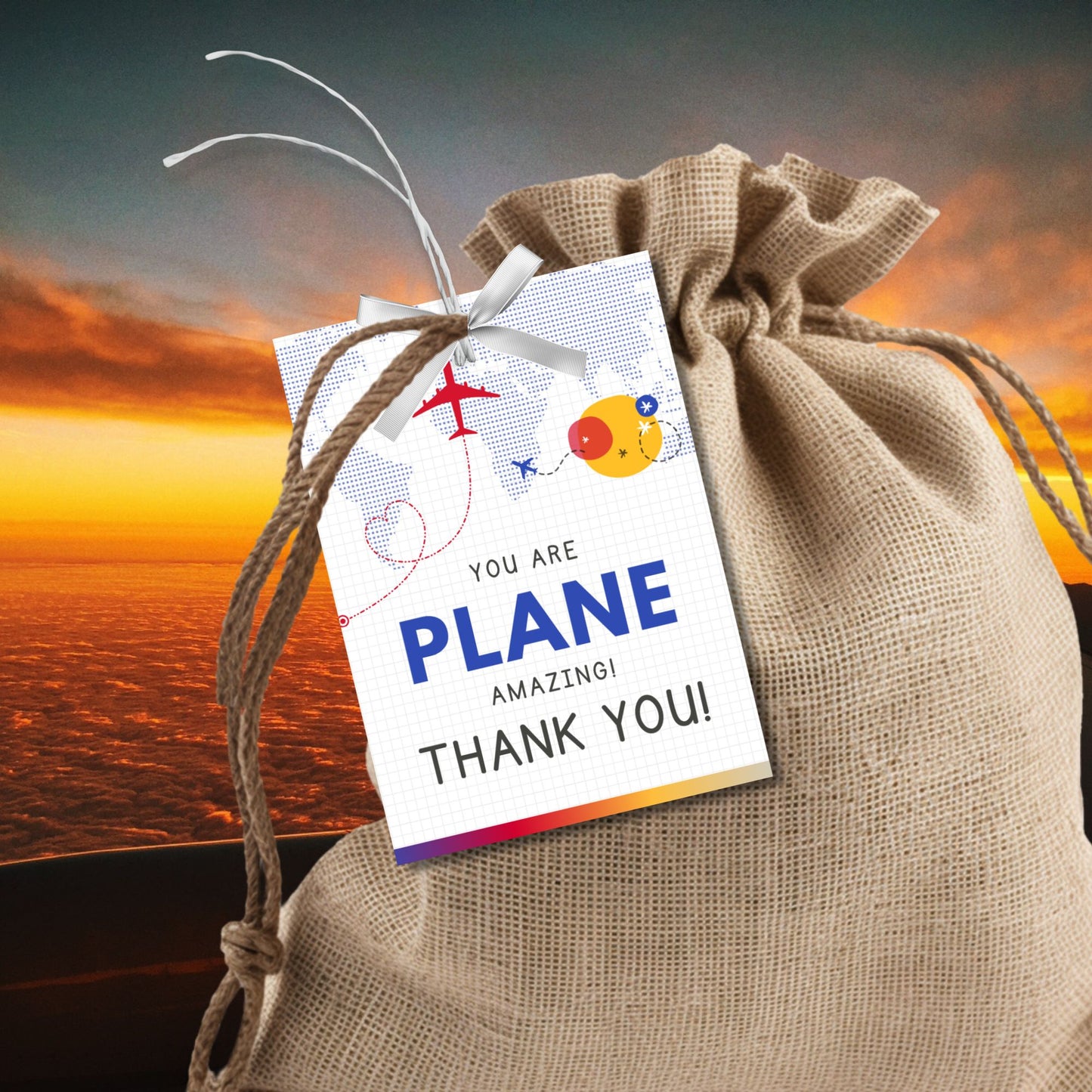 Printable aviation thank you gift tags with bright red, blue, and sunset tones, designed for fun and cheerful flight crew appreciation gifts.