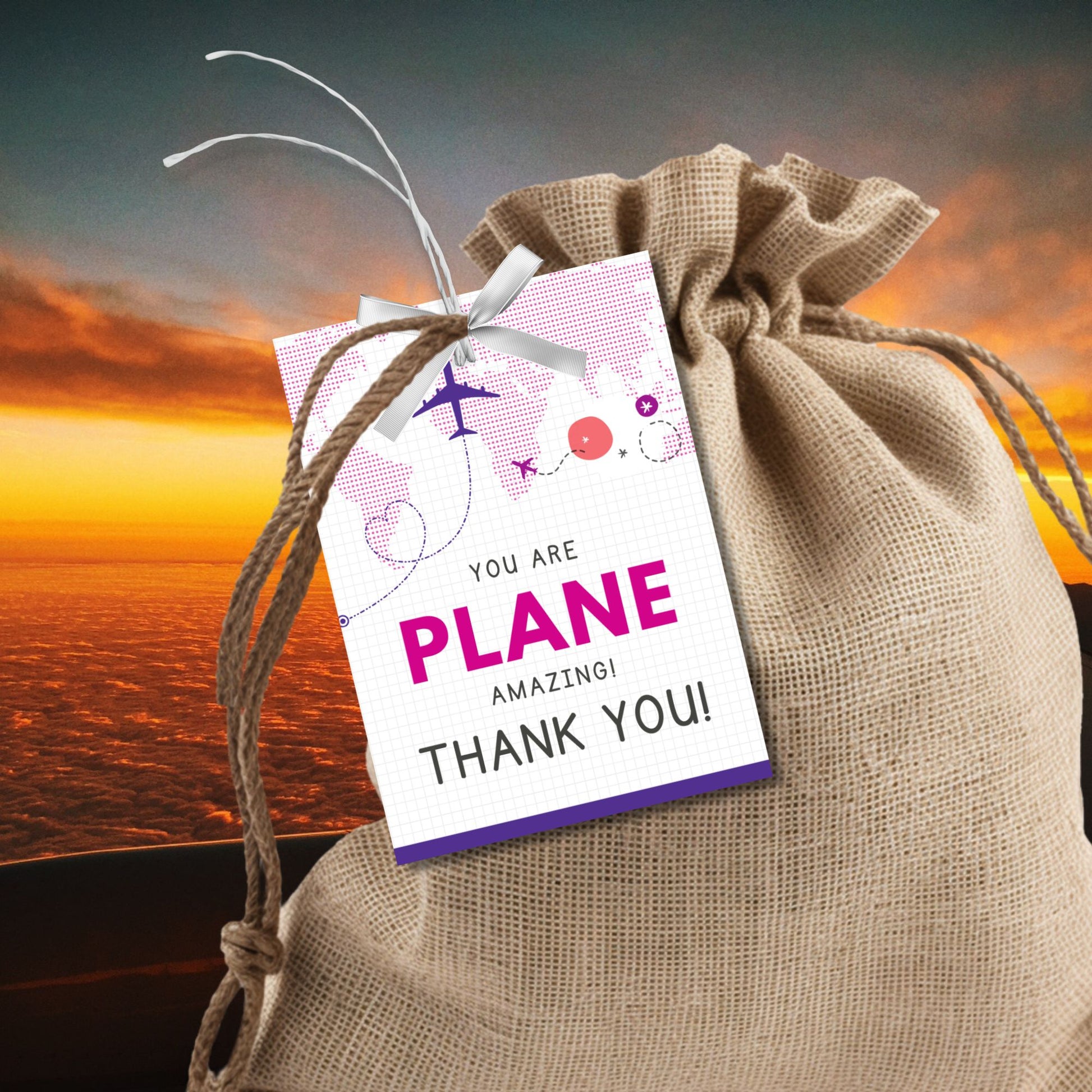 Printable tropical aviation thank you gift tags with airplane illustration and island-inspired colors, designed for flight crew appreciation gifts.