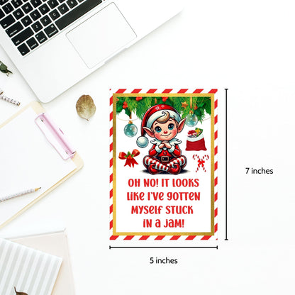 A collection of festive 5x7 printable Elf on the Shelf cards featuring a cute elf with creative sayings like "Be Careful, I Caught a Mouse Today!" and placement guides.