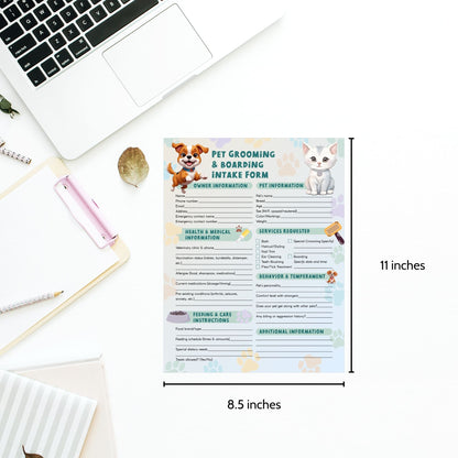 Printable Pet Grooming and Boarding Intake & Consent Form with playful paw print design – 8.5x11 PDF business form for pet groomers and boarding services.