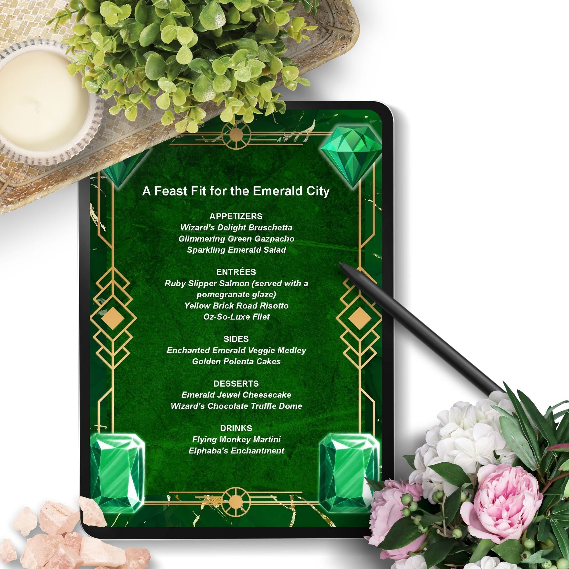 Editable Emerald City-inspired menu template featuring luxurious dishes like Ruby Slipper Salmon and Flying Monkey Martini, perfect for a Wicked-themed party or elegant event.