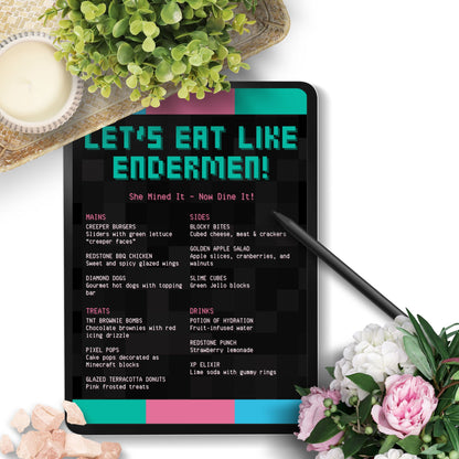 Editable Minecraft-themed menu template titled “Let’s Eat Like Endermen” with customizable tagline and food list. Pixel-style design, Canva editable, 8.5 x 11 inches.