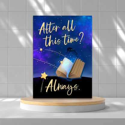 Printable Valentine’s Day Greeting Card featuring the Harry Potter-inspired quote “After All This Time? Always.” Designed as a 5x7 PDF on an 8.5 x 11 sheet with two cards per page. A romantic and heartfelt card for Potter fans.