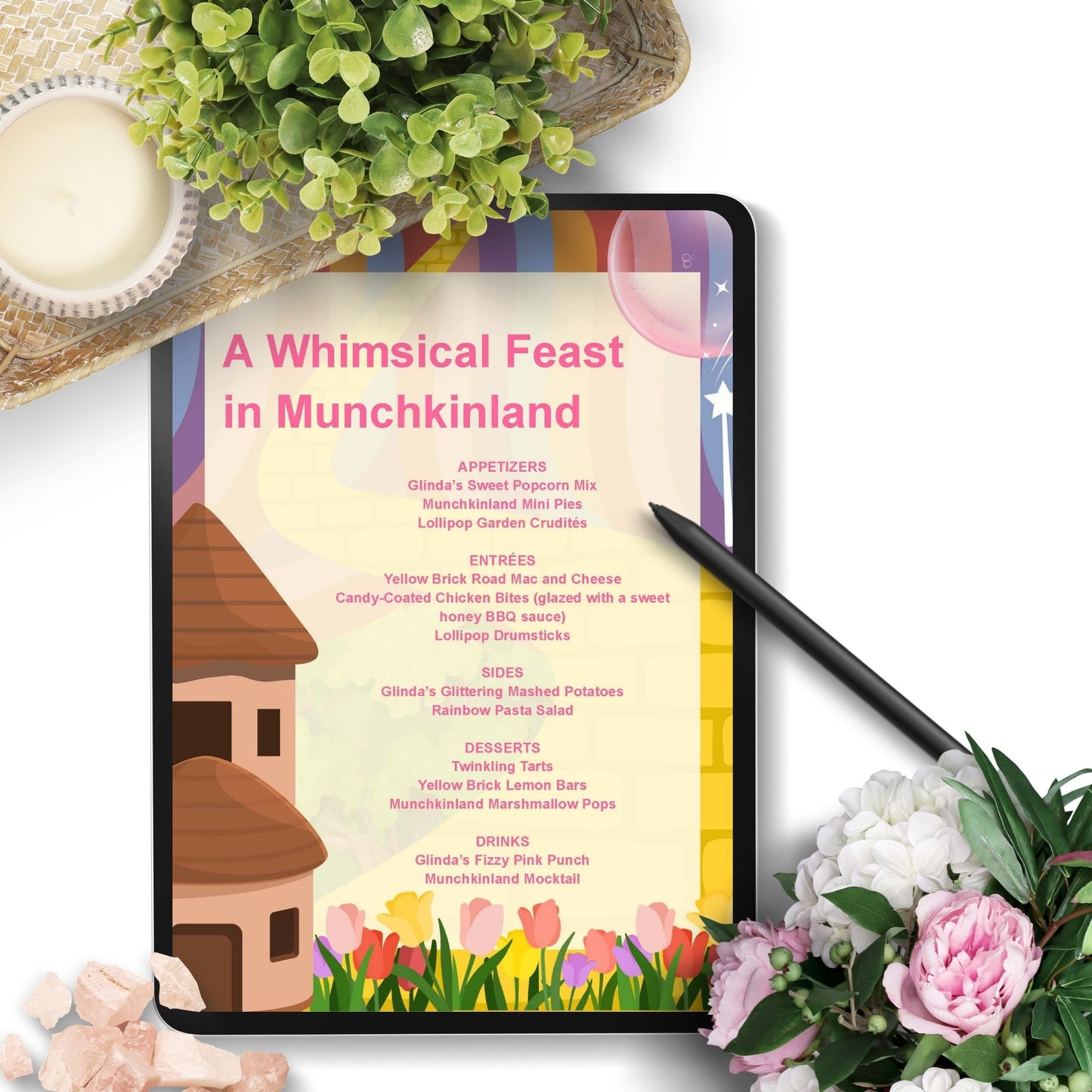 Editable Munchkinland-inspired menu template featuring playful dishes like Glinda's Fizzy Pink Punch and Yellow Brick Road Mac and Cheese, perfect for kid-friendly parties and Wizard of Oz-themed events.