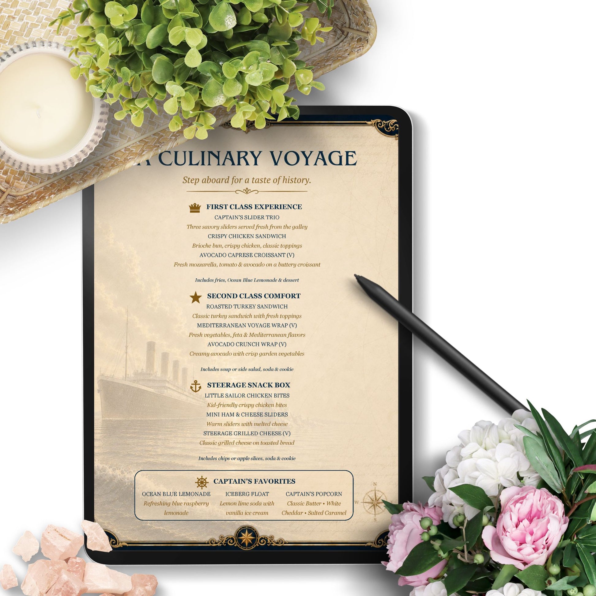 Titanic-inspired editable menu template featuring vintage ocean liner design with First Class Experience, Second Class Comfort, and Steerage Snack Box menu sections in an 8.5 x 11 Word document format.