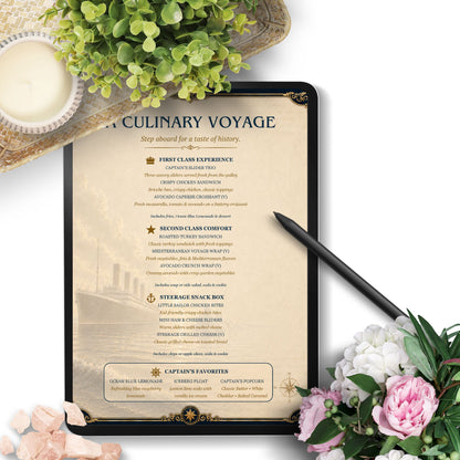 Titanic-inspired editable menu template featuring vintage ocean liner design with First Class Experience, Second Class Comfort, and Steerage Snack Box menu sections in an 8.5 x 11 Word document format.