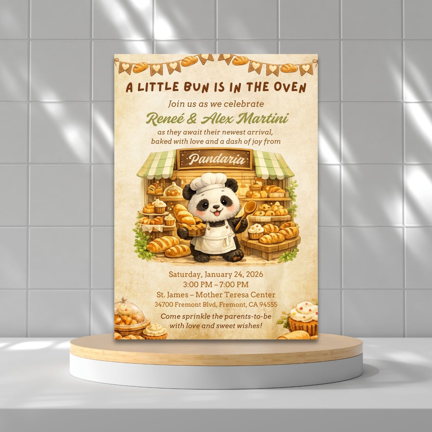 Editable Pandaria panda bakery themed invitation featuring a cute panda baker surrounded by artisan bread and warm bakery details. Whimsical 5x7 Canva invitation perfect for baby showers, birthdays, and bakery-themed celebrations.