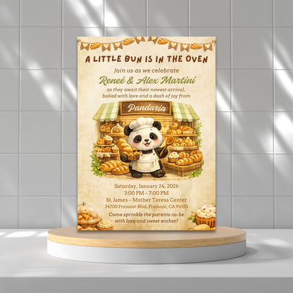 Editable Pandaria panda bakery themed invitation featuring a cute panda baker surrounded by artisan bread and warm bakery details. Whimsical 5x7 Canva invitation perfect for baby showers, birthdays, and bakery-themed celebrations.