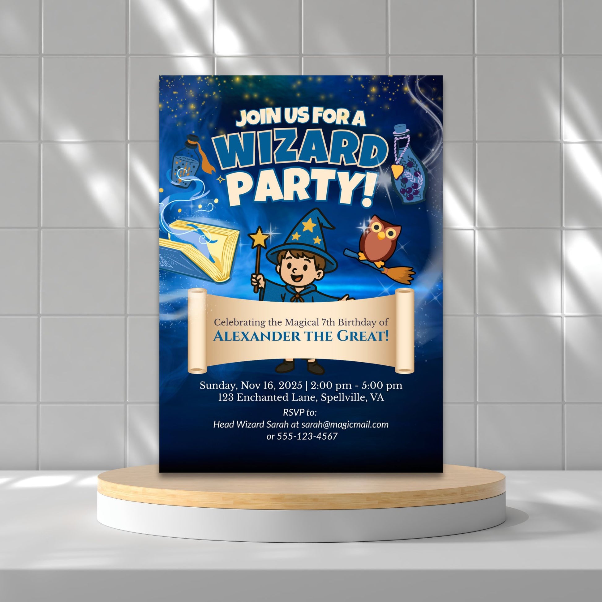 Wizard-themed invitation template featuring a boy wizard with wand, spell book, flying owl, and magical background. Includes editable party details on a scroll banner.