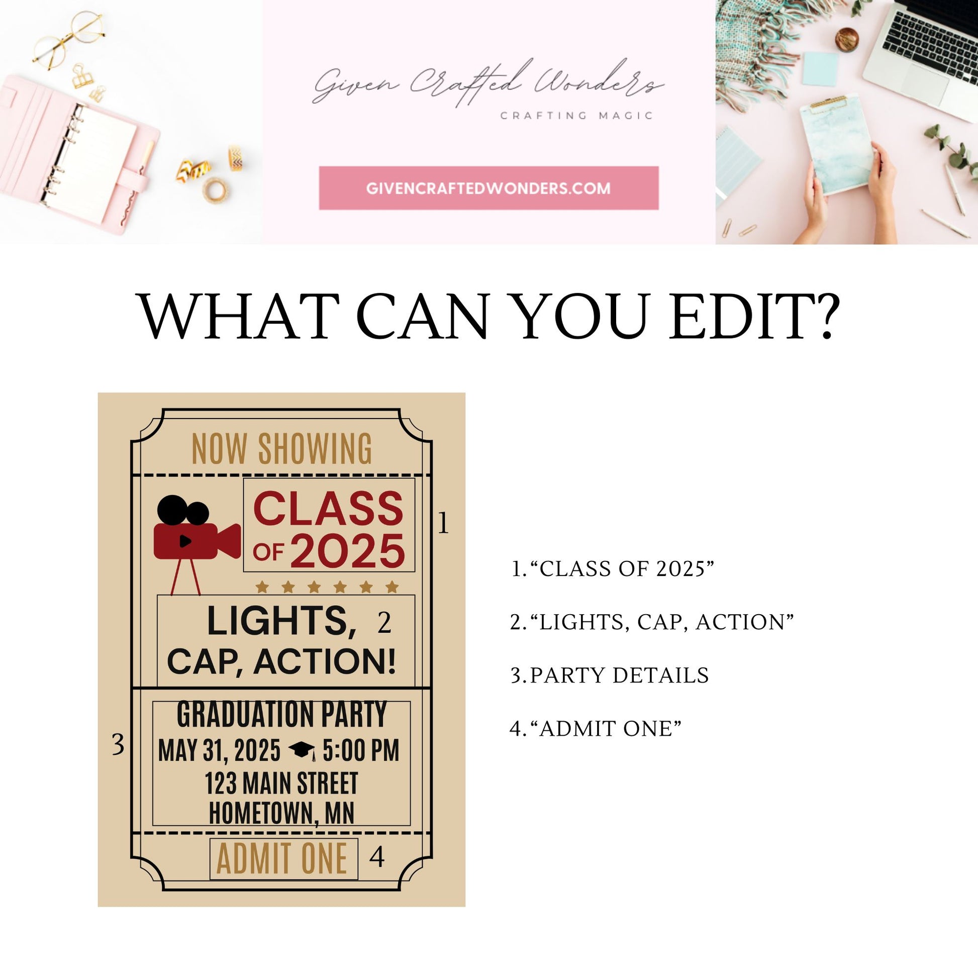 Double-sided Hollywood Walk of Fame-themed graduation invitation with red and gold star design on front and movie ticket-style layout on back. Canva editable 5x7 template.