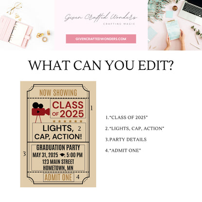 Double-sided Hollywood Walk of Fame-themed graduation invitation with red and gold star design on front and movie ticket-style layout on back. Canva editable 5x7 template.