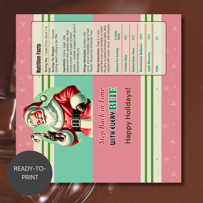 Vintage-style product packaging with a character and festive text on a pink and green background.
